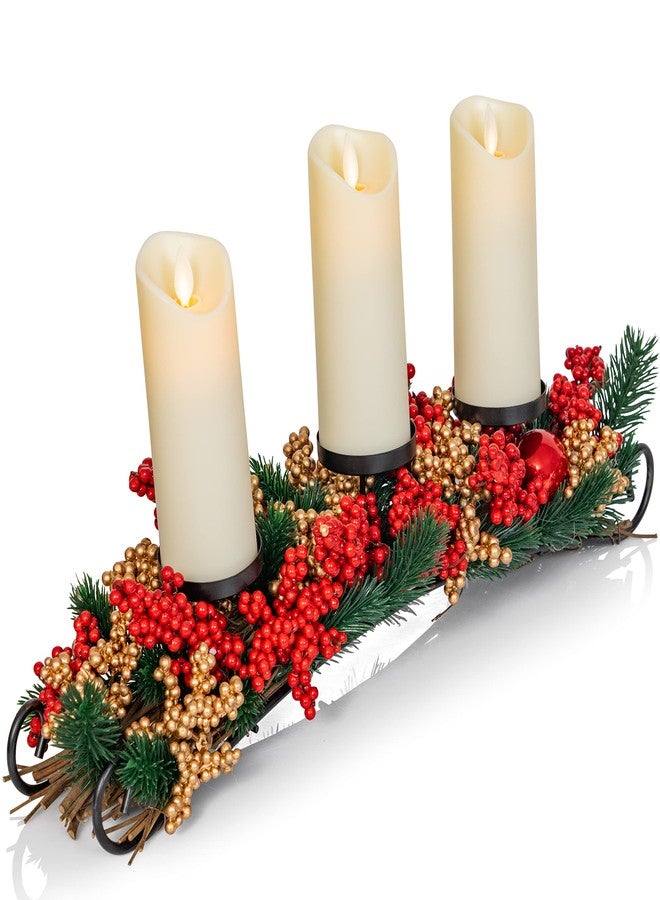 Ornativity Christmas Décor Candle Holder - Xmas Table Themed Candle Holder Centerpiece Decorations with Red and Gold Berries, Twigs, and Evergreens - Image 1